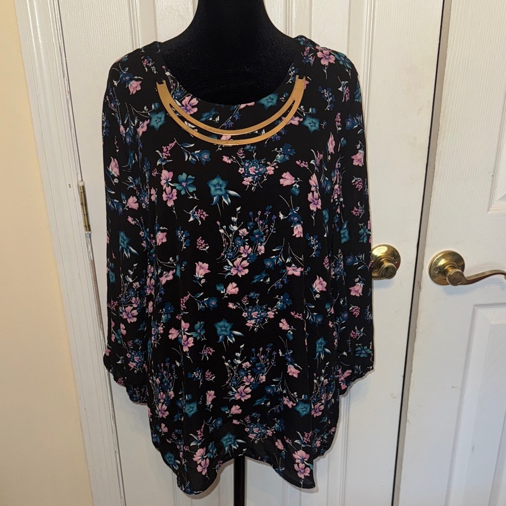 Metaphor Black Floral Blouse with Pink and Blue Accents